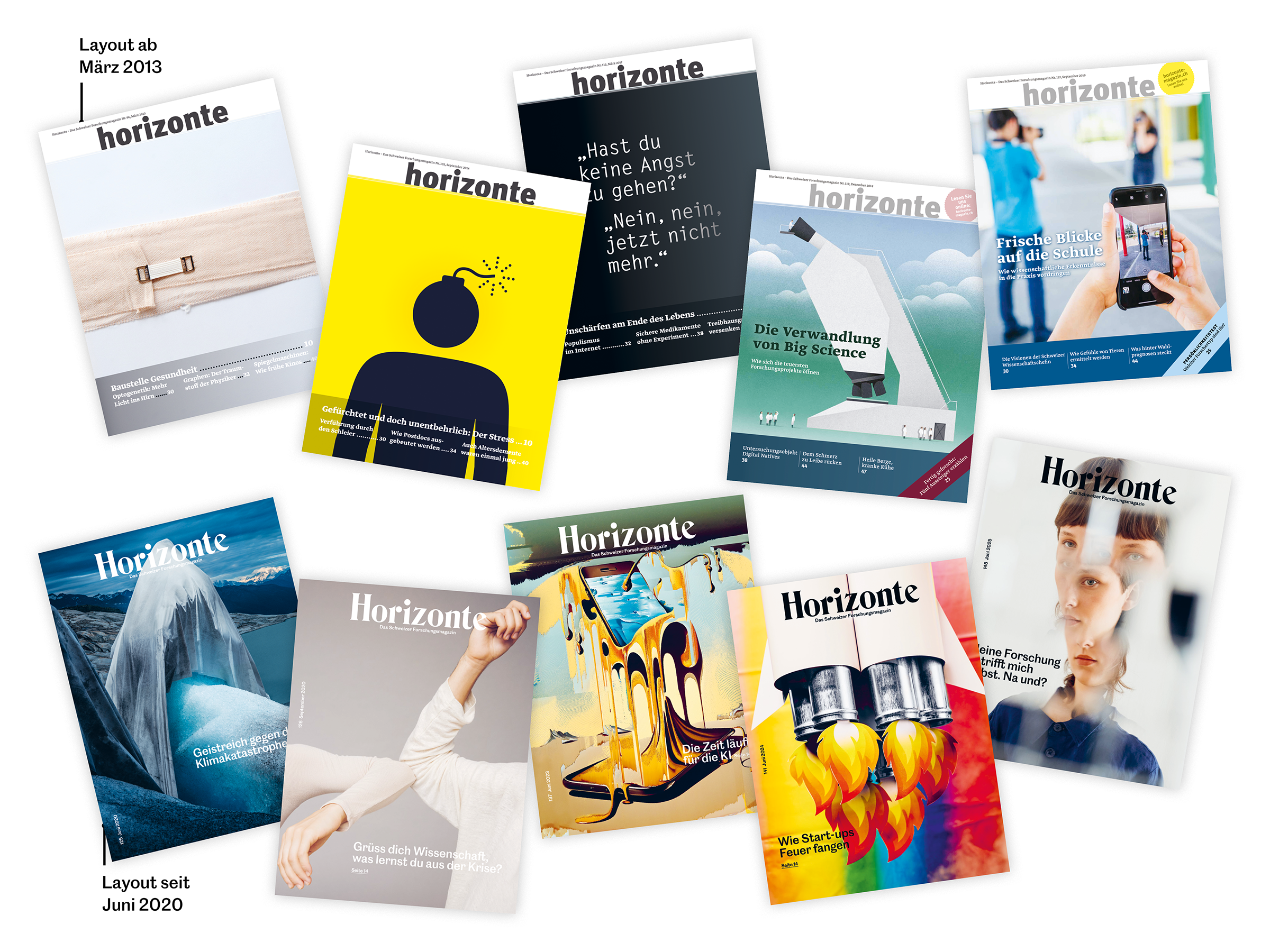 Collage mit Titelblättern aus allen Horizonte-Magazinen
